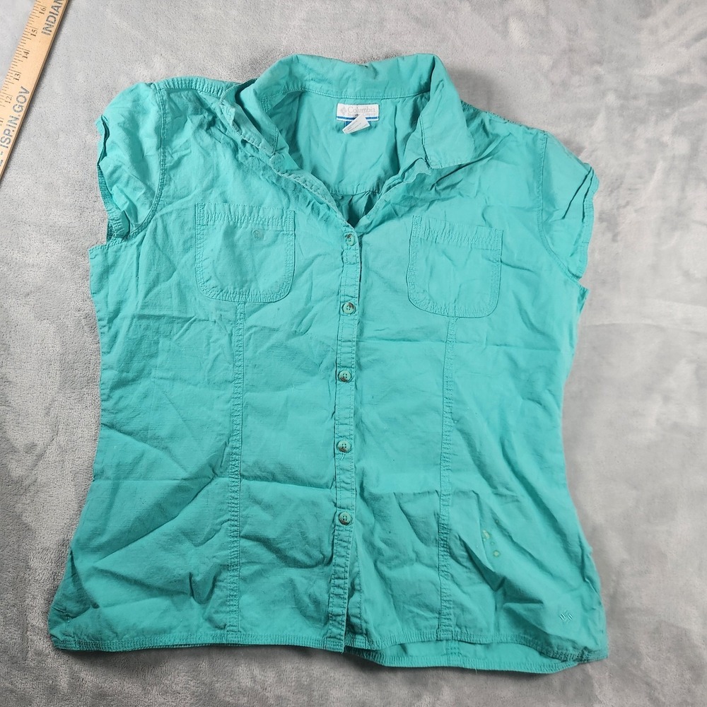 Vintage 90s Columbia PFG Fishing Shirt Womens Large Teal Short Sleeve Cotton